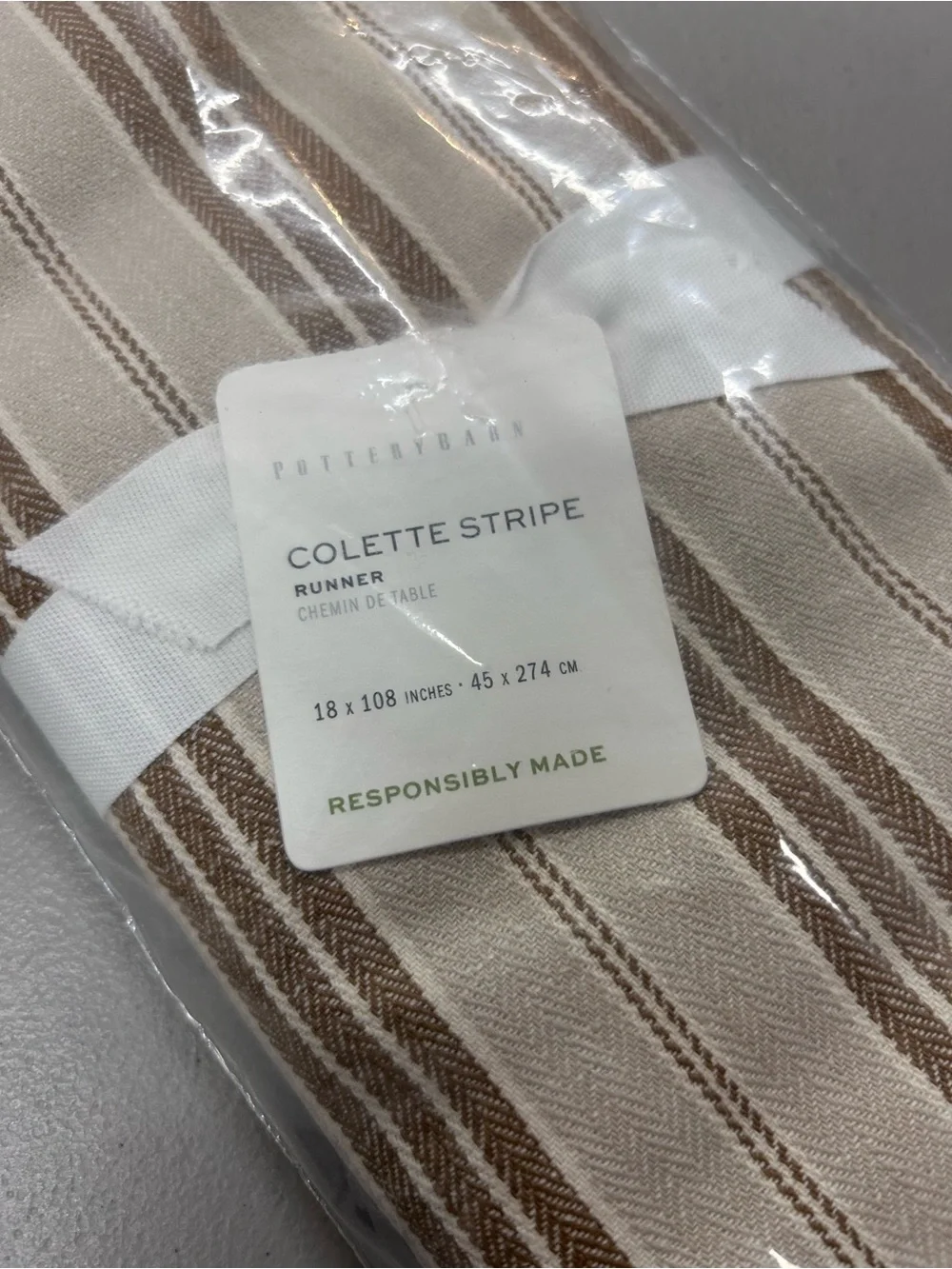 Pottery Barn Colette Stripe Tan Cotton Linen Table Runner Dining 18